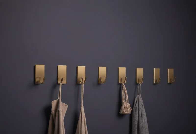 A row of evenly spaced sturdy brass wall hooks mounted on a horizontal rail