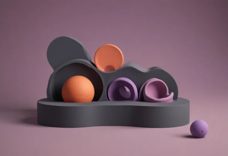 A rounded toy shape-sorter box with three differently shaped cutout holes