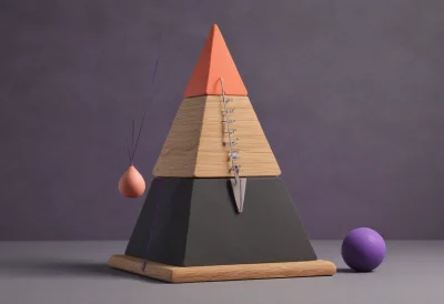A wooden pyramid metronome with its pendulum caught mid-swing.