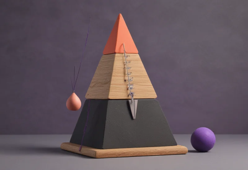 A wooden pyramid metronome with its pendulum caught mid-swing.