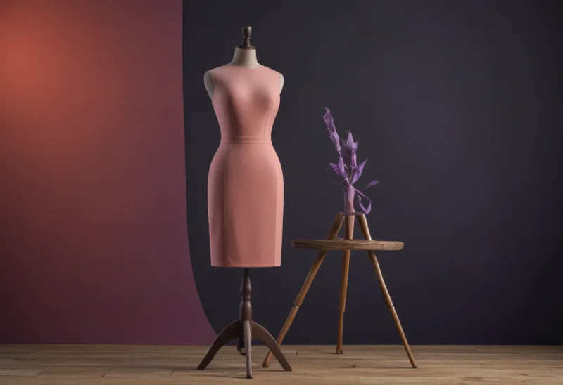 A matte-clay tailor's dress form standing on a slim wooden tripod stand
