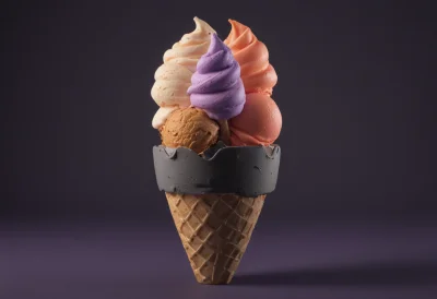A single ice cream cone piled with scoops of ice cream in different colors