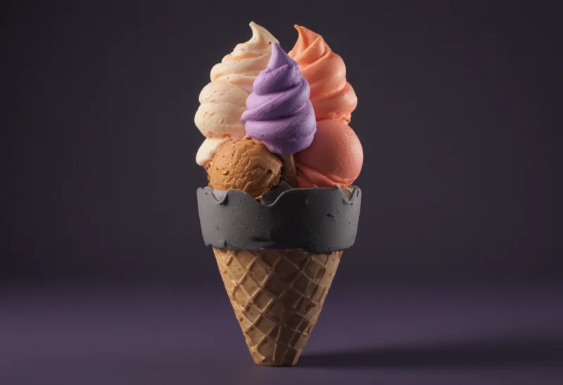 A single ice cream cone piled with scoops of ice cream in different colors