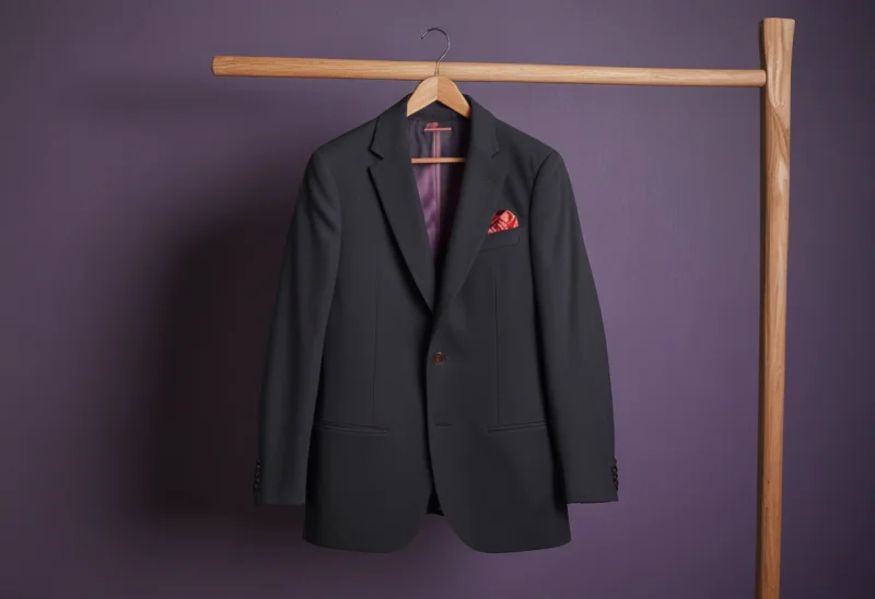 A tailored suit jacket hanging on a wooden hanger