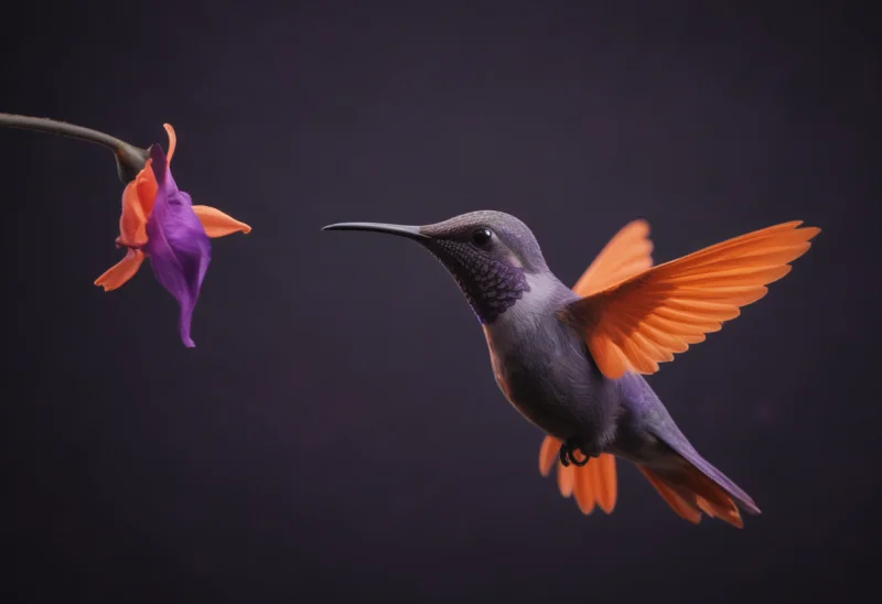 A matte-clay hummingbird hovering beside a flower, wings spread mid-beat