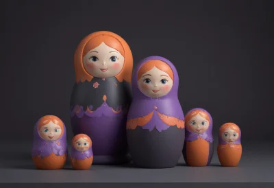 A family of matte-clay matryoshka dolls lined up in descending sizes