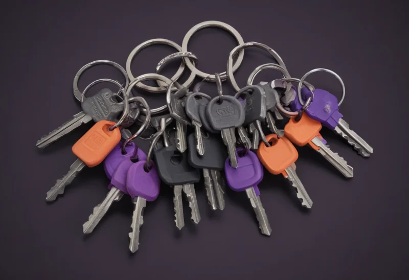 An overloaded key ring crowded with chunky keys
