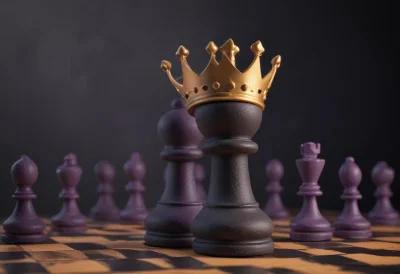 A matte-clay chess pawn wearing a small gold crown