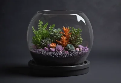 A sealed glass terrarium holding a tiny green mossy landscape