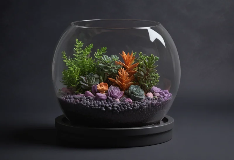 A sealed glass terrarium holding a tiny green mossy landscape