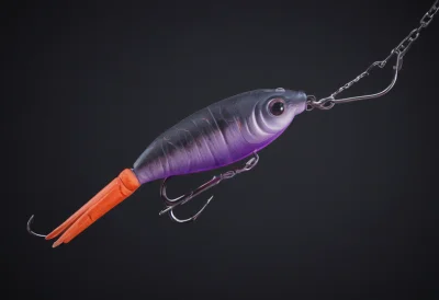 A fishing lure with a single sharp hook suspended on a line, catching the light