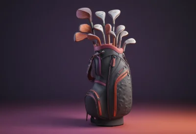 A golf bag standing upright with rounded club heads peeking out of the top