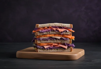 A tall triple-decker sandwich with three distinct layers held together by a pick, on a wooden board.
