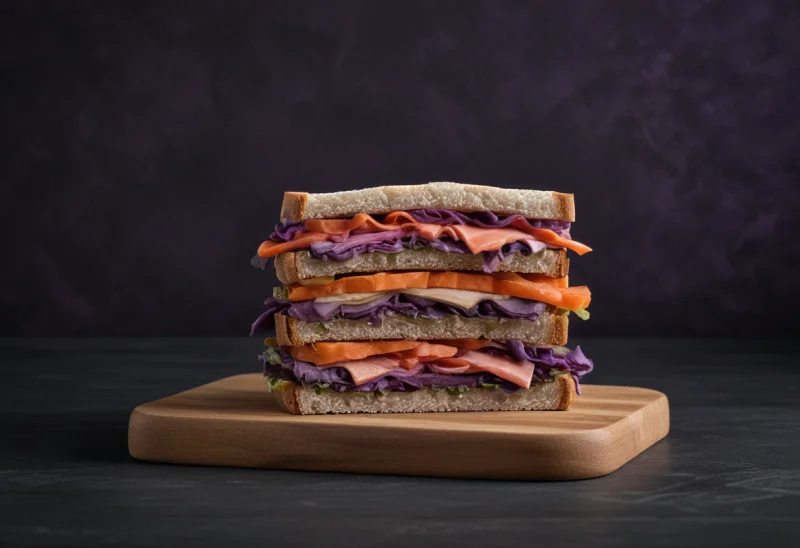 A tall triple-decker sandwich with three distinct layers held together by a pick, on a wooden board.