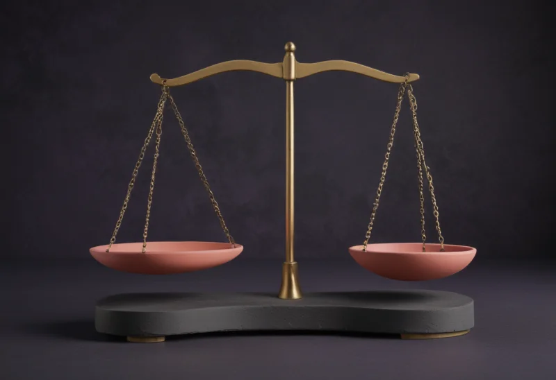 A brass-style balance scale tipped to one side, one shallow pan hanging lower than the other