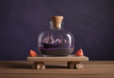 A model sailing ship sealed inside a glass bottle resting on a small wooden stand.