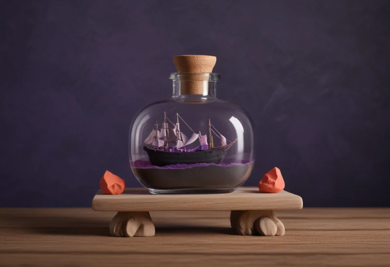 A model sailing ship sealed inside a glass bottle resting on a small wooden stand.