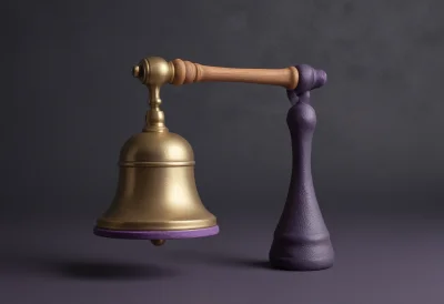 A polished brass hand bell with a wooden handle