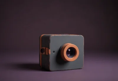 A matte-clay pinhole camera box with a single small aperture on its front face