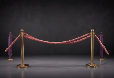 A matte-clay velvet rope barrier stretched between two brass stanchion posts