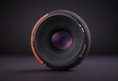 A matte-clay camera lens with a knurled focus ring, standing upright