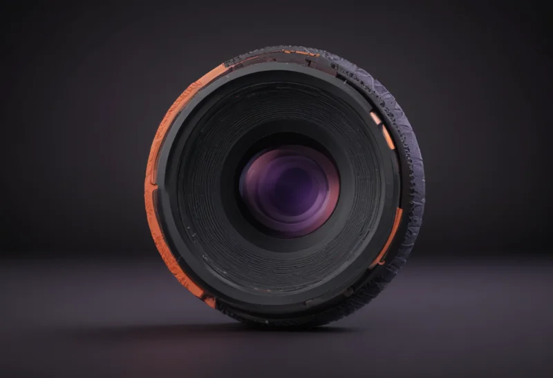 A matte-clay camera lens with a knurled focus ring, standing upright