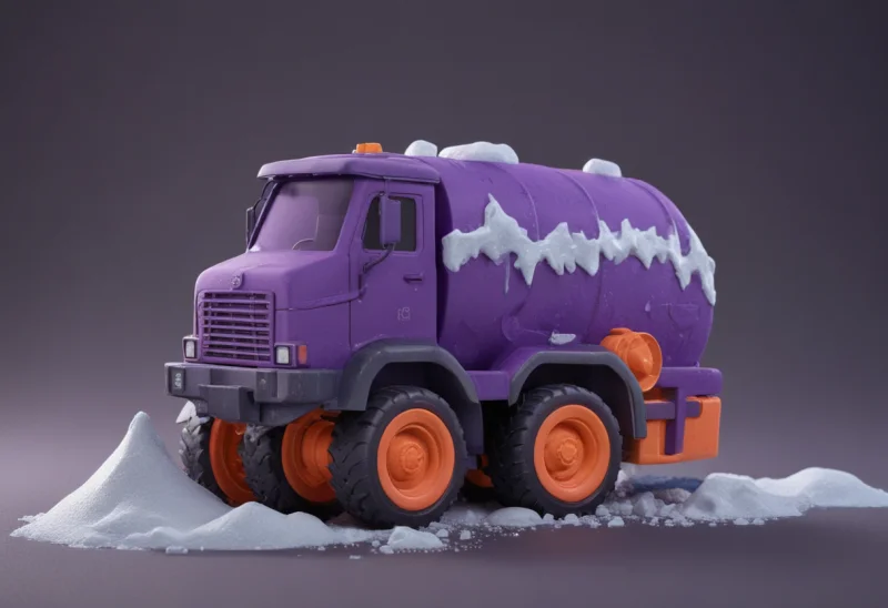 A rounded purple toy truck with snow piled on top, plowing through fresh snow.