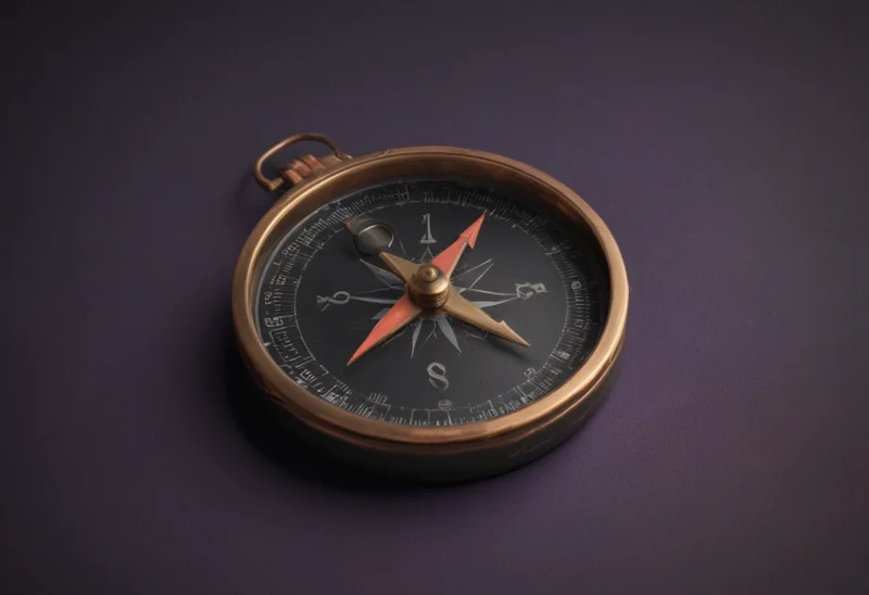 A brass pocket compass lying open with its needle settled on north