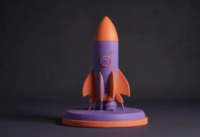 A small rounded toy rocket standing on a circular launchpad with a curl of smoke at its base