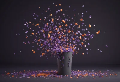 A confetti cannon mid-burst, rounded confetti pieces fanning outward