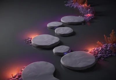 A curving path of flat stepping stones set across still water with clear gaps between them