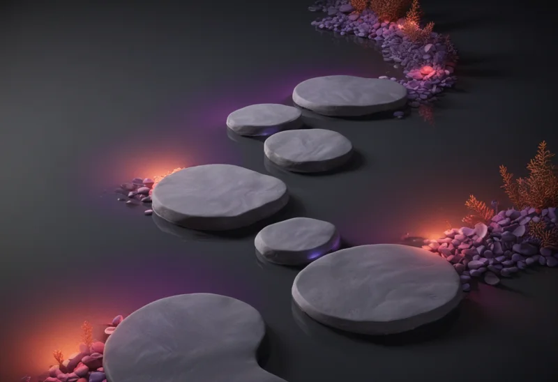 A curving path of flat stepping stones set across still water with clear gaps between them