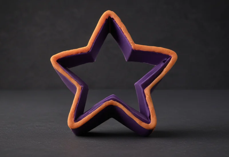 A matte-clay star-shaped cookie cutter standing upright in a flat sheet of dough