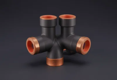 A matte-clay three-way brass pipe junction with two inlet arms feeding one outlet