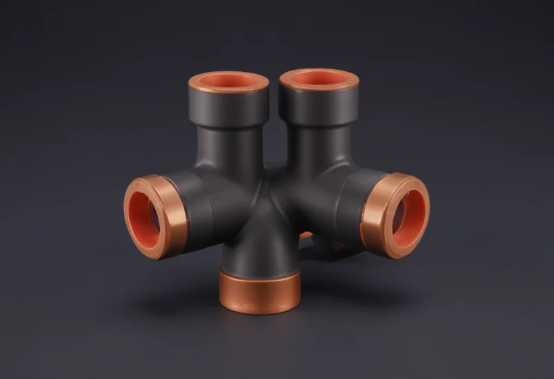 A matte-clay three-way brass pipe junction with two inlet arms feeding one outlet