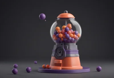 A rounded gumball machine dispensing a single gumball into its tray