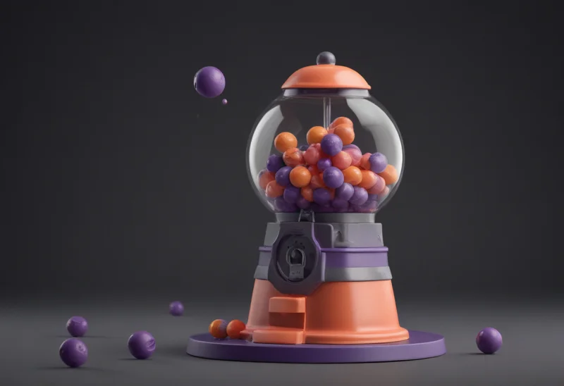 A rounded gumball machine dispensing a single gumball into its tray