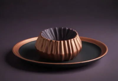 A fluted copper jelly mould resting upside down on a small round plate