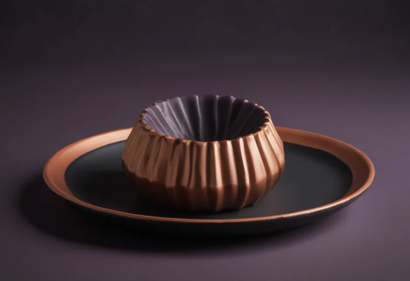 A fluted copper jelly mould resting upside down on a small round plate