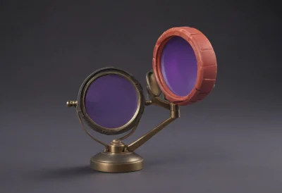 A brass jeweler's loupe standing open on its folding hinge