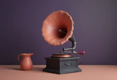 A vintage gramophone with a large flared horn on a wooden base
