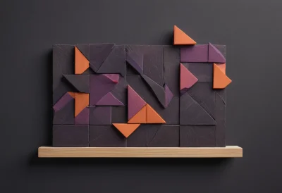 A set of matte-clay tangram puzzle pieces assembled into a tall, narrow rectangle