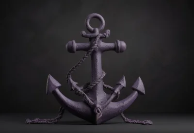 A heavy cast-iron ship's anchor resting on its two curved flukes