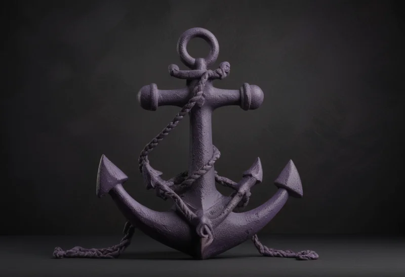 A heavy cast-iron ship's anchor resting on its two curved flukes