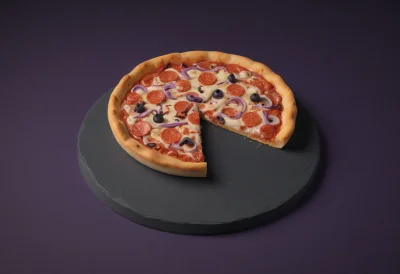 A round pizza with one slice cut away from the pie