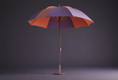 A single bright dome umbrella, open and standing upright on its own.