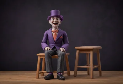 A ventriloquist dummy seated on a wooden stool with its mouth open mid-sentence