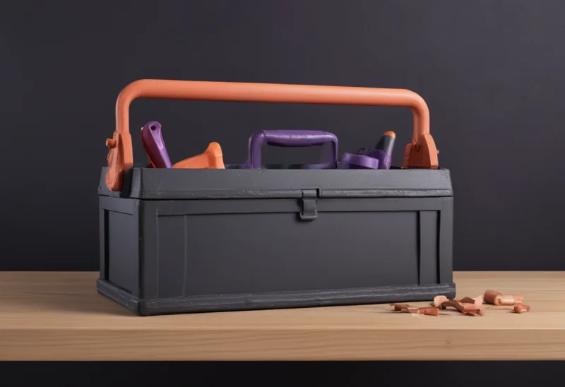An open wooden toolbox with its lift-out tray raised above the main compartment.
