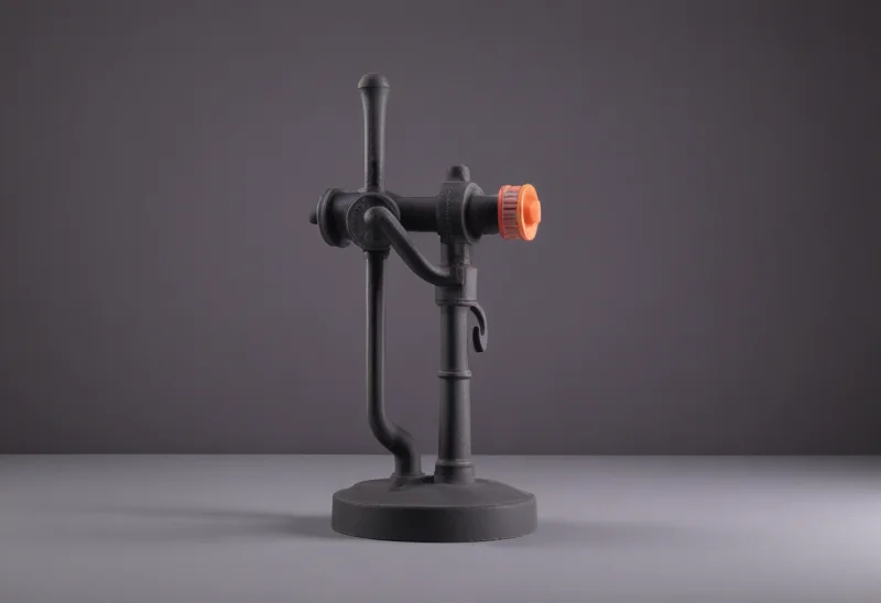A cast-iron railroad switch stand with a round throw lever.