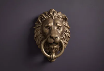 A polished brass lion's-head door knocker on a plain door